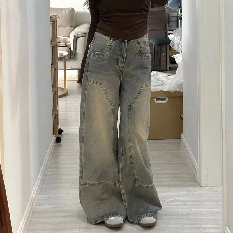 Vintage high street wide-leg jeans, horn high-waisted splicing, new loose and thin design, floor-mopping pants trendy