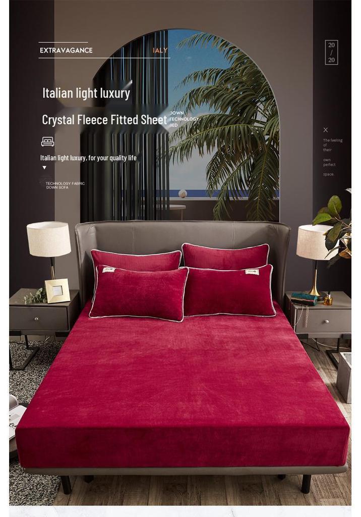 Solid Color Crystal Velvet Fitted Sheet Set - Single Piece Bed Sheet with Mattress Protector