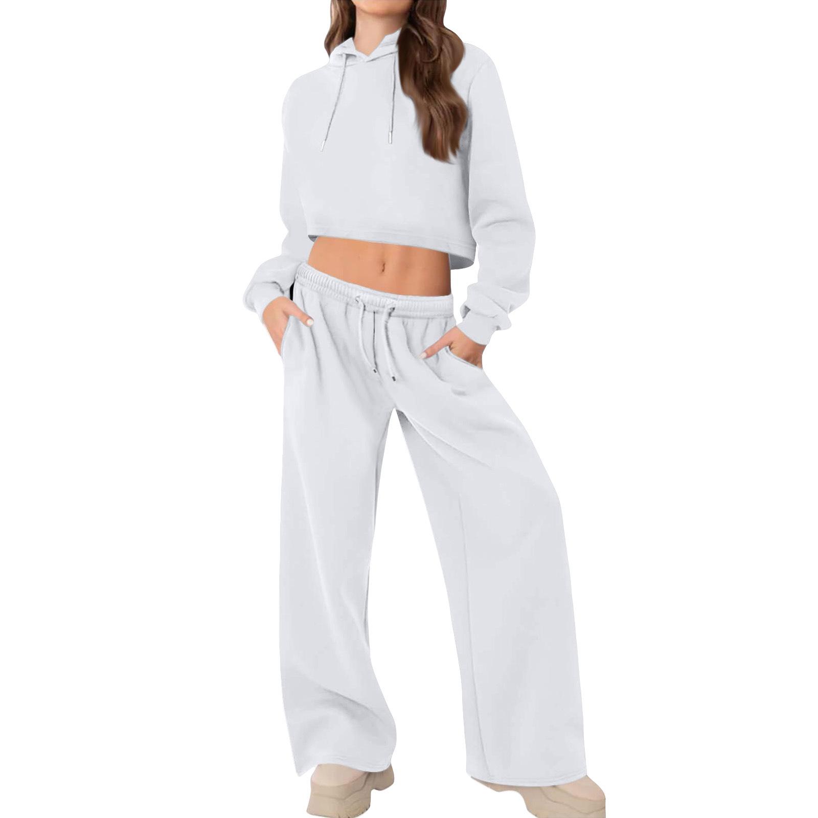 

Fashionable Women s Two-piece Zipper Sweatshirt Wide-leg Sweatpants Casual Suit S белый