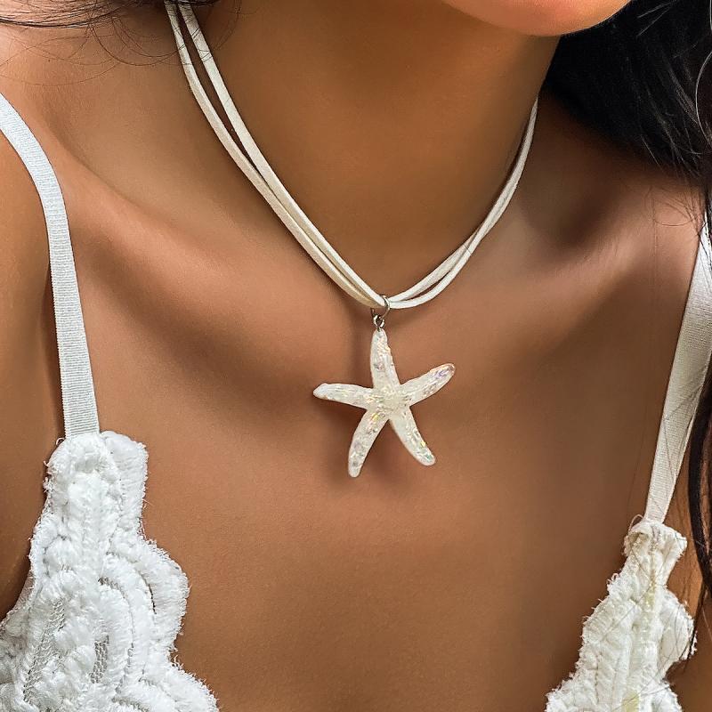 #1Pc Boho Large Resin Starfish Pendant Choker Necklace For Women Trendy Multilayer Rope Chain Summer Beach Vacation Jewelry Gift