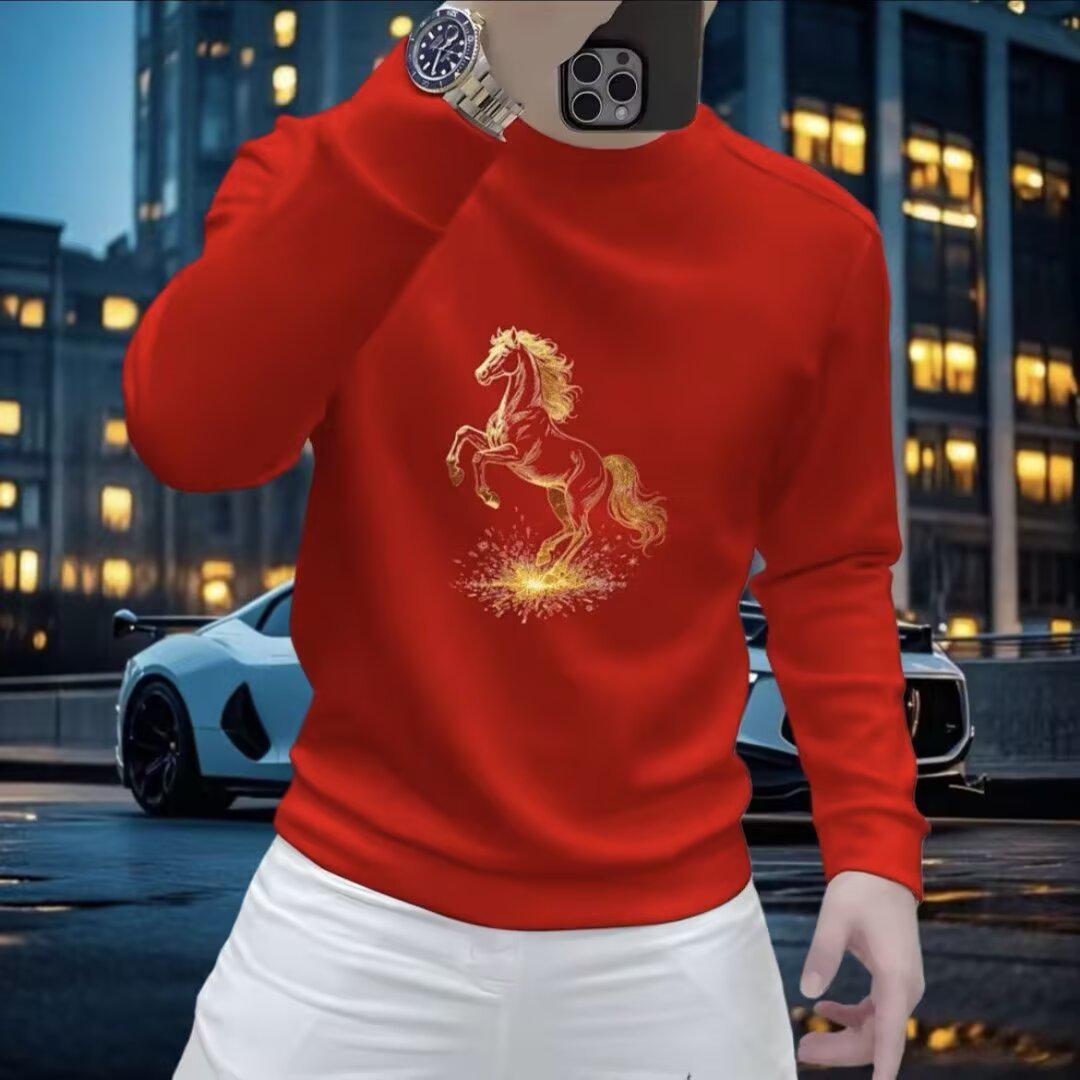 Spring & Autumn Trendy Loose Casual Horse Print Couple Hoodie - Men s New Year Pullover 2XL