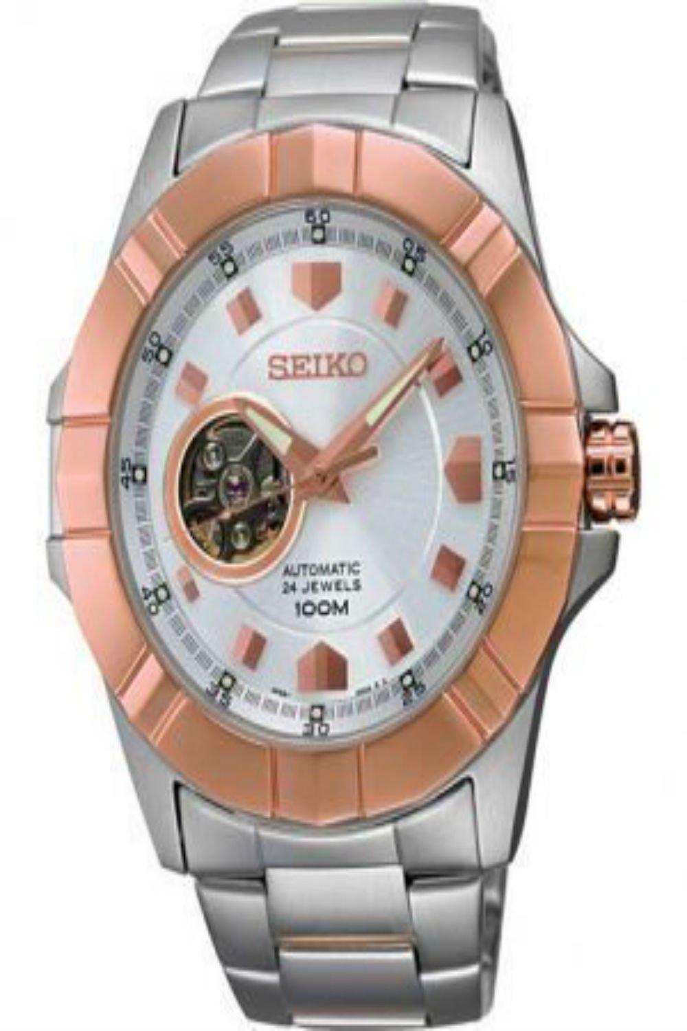 

Seiko SSA074 Skeleton Unisex Rose Gold white face dial watch