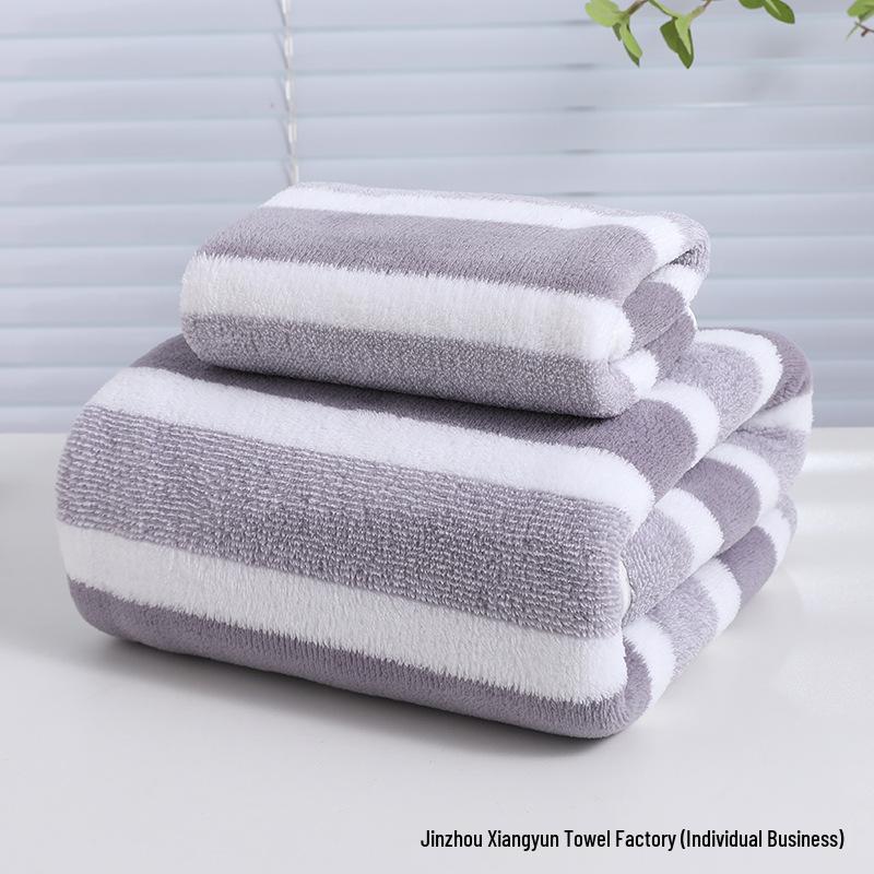 Coral Fleece Double-Sided Striped Bath Towel, Thick & Soft for Adults & Children