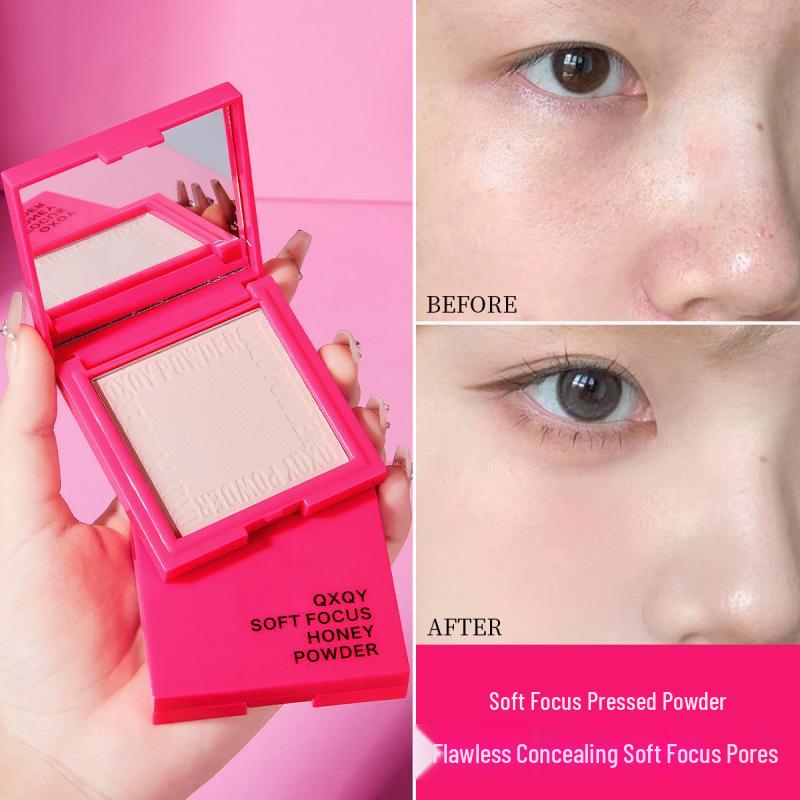 QXQY Matte Soft Focus Powder: Long-Lasting, Non-Cakey, Brightening Honey Compact for Setting and Touch-Ups.