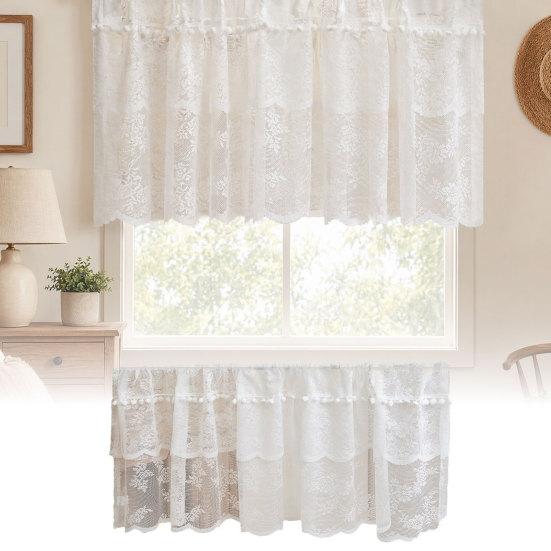 White Lace Window Valance, Sheer Vintage Floral Lace Short Curtain, Light Filtering Valance Curtain with Rod Pocket for Basement Kitchen Window