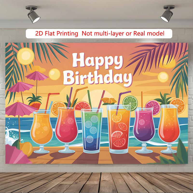 Party Backdrop Tropical Flat Drinks Umbrellas Sunset Scene Photo Booth Background Front Door Decor
