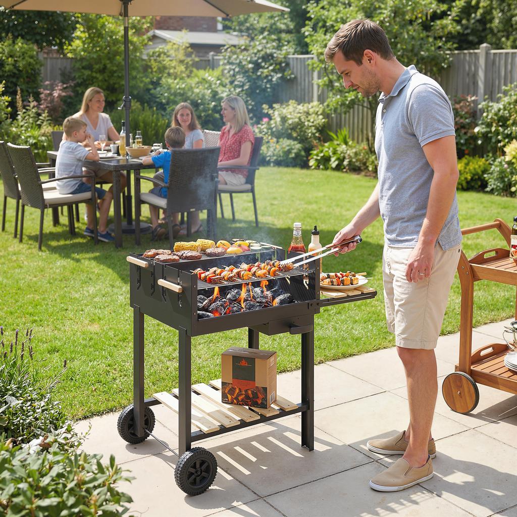 Wooden Barbecue Cart, 2 Adjustable Grills, Charcoal Barbecue On Wheels, Side Shelf, Black