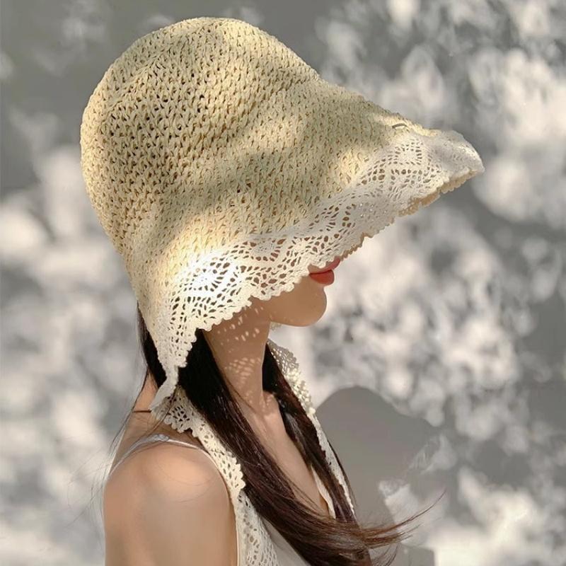 New Women'S Lace Sun Hat Wide Along The Beach Hat Summer Straw Hat Folding Sun Hat Head Women'S Beach Uv Protection Hat