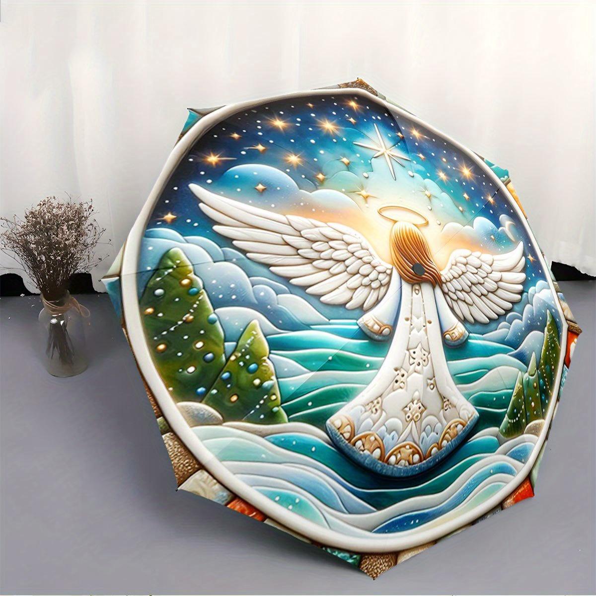 

Automatic Folding Umbrella An angel with widespread wings amidst a starry sky and trees. Portable collapsible design, casual o Iron&8K