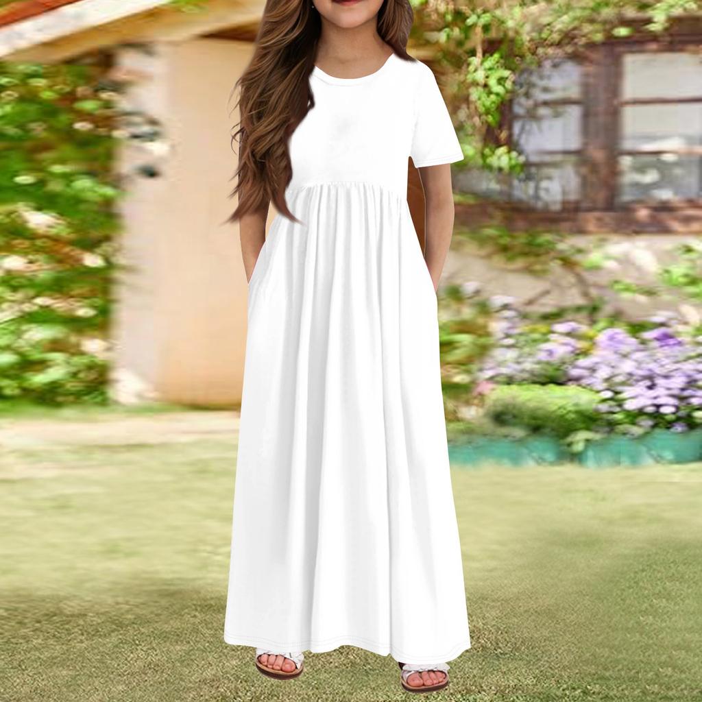 Girls' Long Summer Dress - Short Sleeve Pocket Maxi Dress For 4-14Y