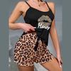 Damen Print Sexy Pyjama Set Träger Rückenfrei Kurzärmelig und Elastischer Bund Bedruckter Leopardenmuster Shorts Pyjama Set