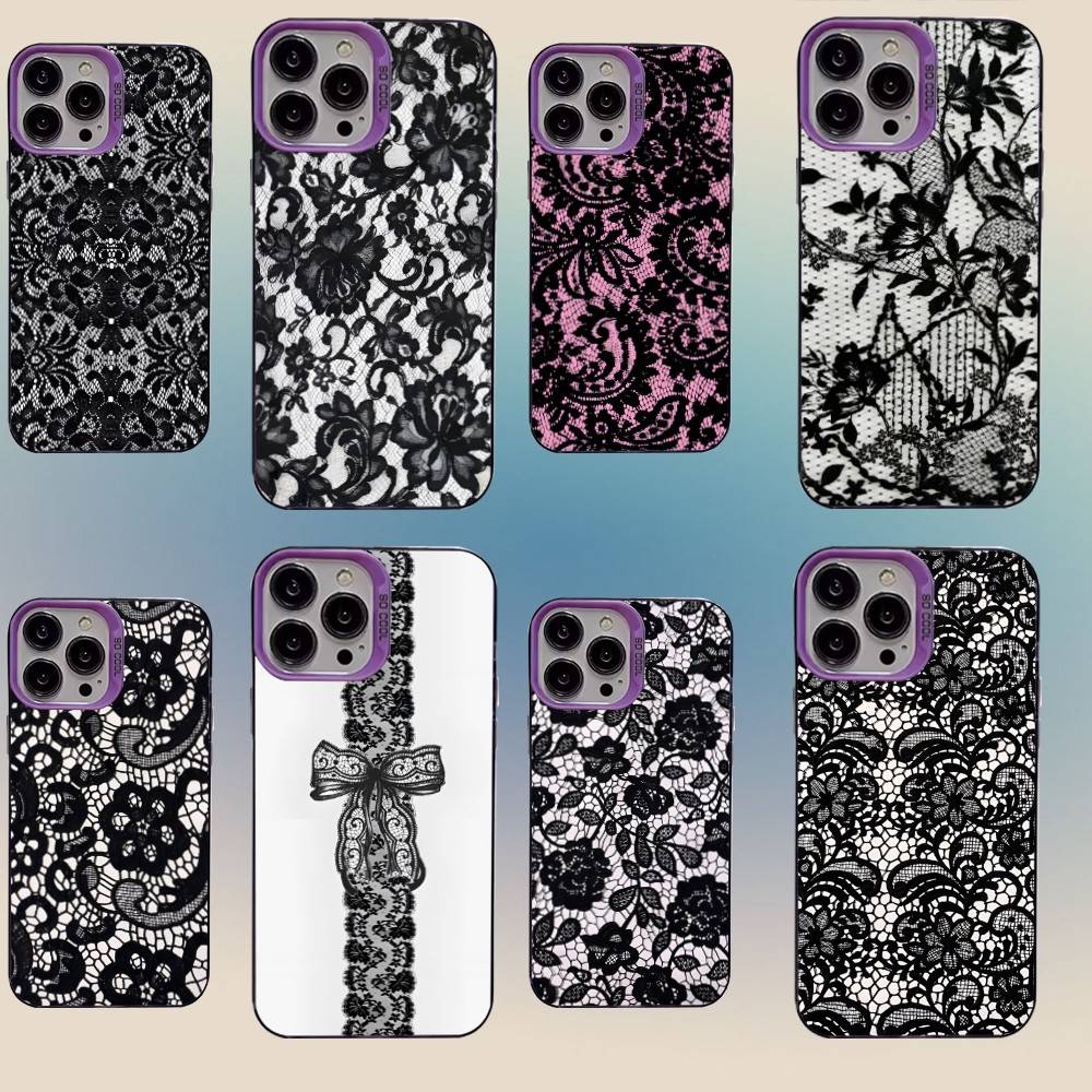 Black Lace Print New Hot Phone Case For iPhone 16,15,14,13,12,11,Mini,Pro,SE,MAX,plus,Purple Matte Silicone Cover