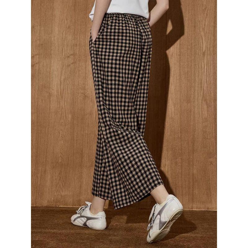Coolhut High-Waisted Casual Plaid Wide-Leg Pants for Women, Retro Design, Simple and Elegant, 2025 Summer Casual Pants