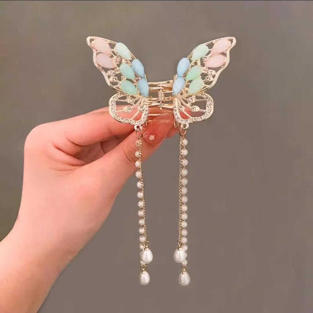Glitter Shark Grip Clips Korean Style Sweety Romantic Hair Claws Butterfly Shape Girls Pearl Tassel Metal Jewelry Hair Accessory
