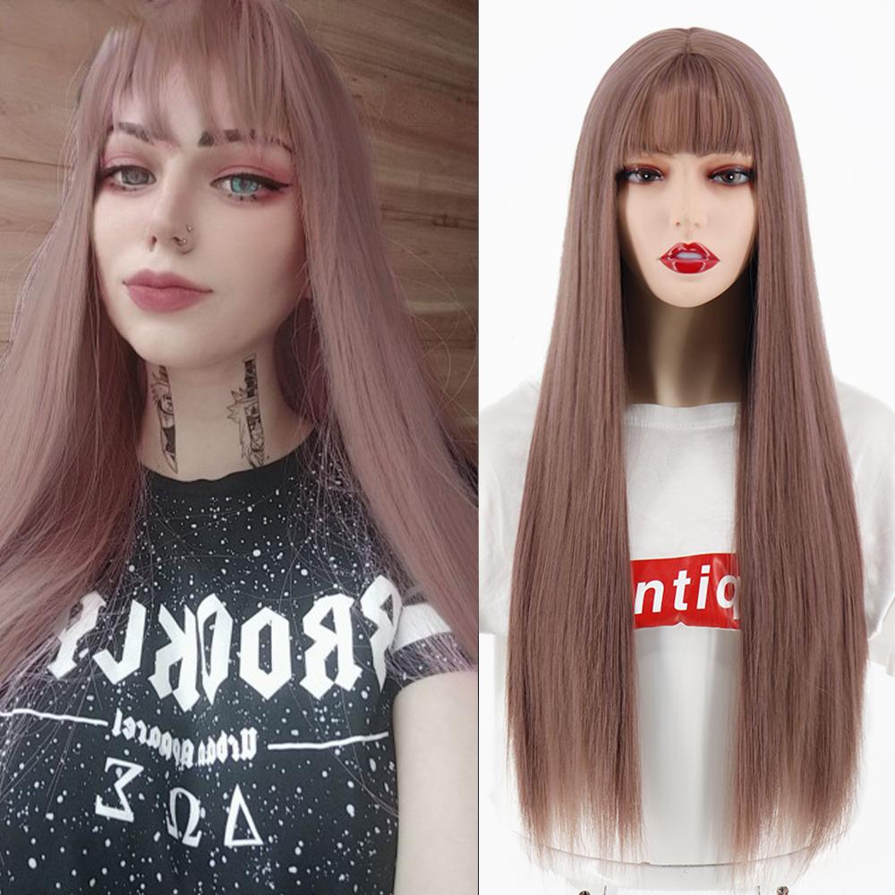 MERISIHAIR Brown Long Straight Wig with Blunt Bangs Synthetic Heat Resistant Fiber Wig for Women Daily Wear
