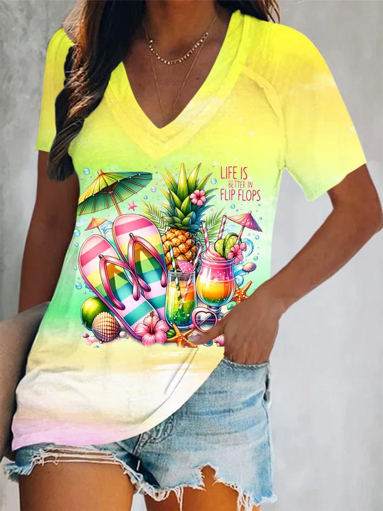 3D Printed Short Sleeve Flamingo Printed Women's V-Neck T-Shirt Summer Loose Women's Casual Short Sleeve Top