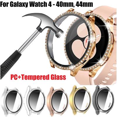 Szkło+Etui do Samsung Galaxy watch 4 44mm 40mm Akcesoria Błyszczący Diamentowy zderzak PC Obudowa +Ochrona ekranu Pokrowiec na Galaxy watch4