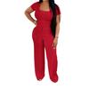 TW730 Summer Fashion Solid Color Square Neck Top & High Waist Wide Leg Pants Set
