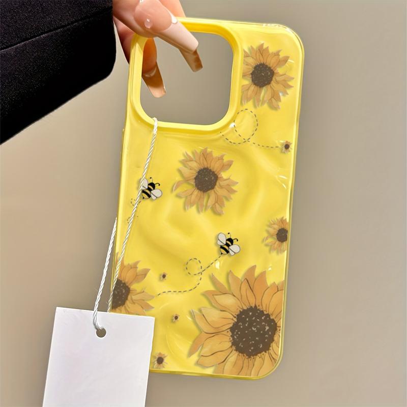 Sunflower Bee Illustration Pattern Phone Case for Iphone 17 Air 16 16e 15plus 14 13 12 11 Pro Max Simple Wrinkled Texture Cover