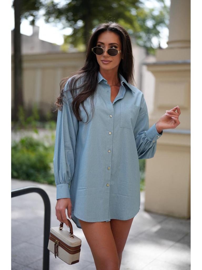 New Women's Fashion: Simple Solid Color Washed Denim Mid-Length Long Sleeve Shirt