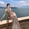 French Suspender Dress Women's Summer Mesh Printing Temperament Shows Thin Long Seaside Vacation Skirt Shows Figure Dress Skirt