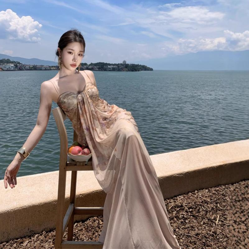 French Suspender Dress Women's Summer Mesh Printing Temperament Shows Thin Long Seaside Vacation Skirt Shows Figure Dress Skirt