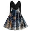 Damenkleid mit Weihnachtsdruck, V-Ausschnitt, großem Saum und langen Ärmeln