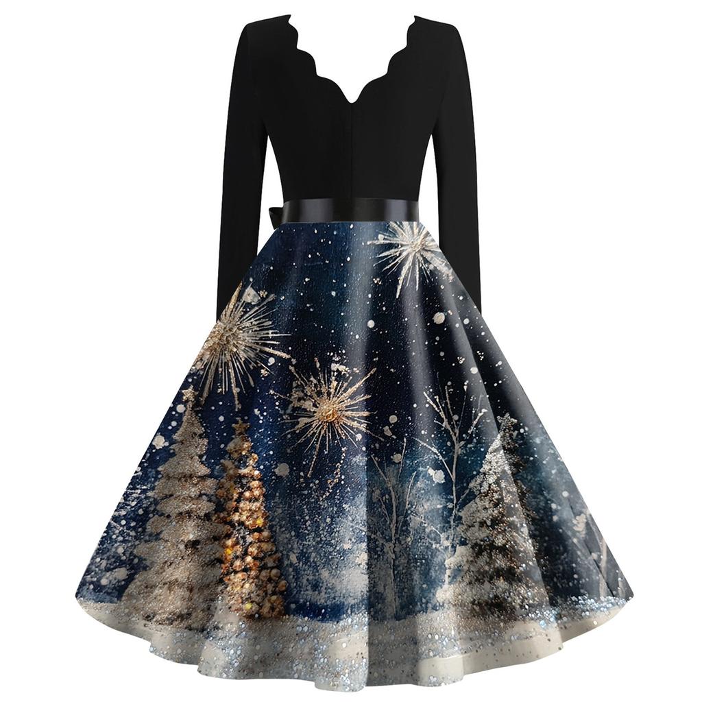 Damenkleid mit Weihnachtsdruck, V-Ausschnitt, großem Saum und langen Ärmeln