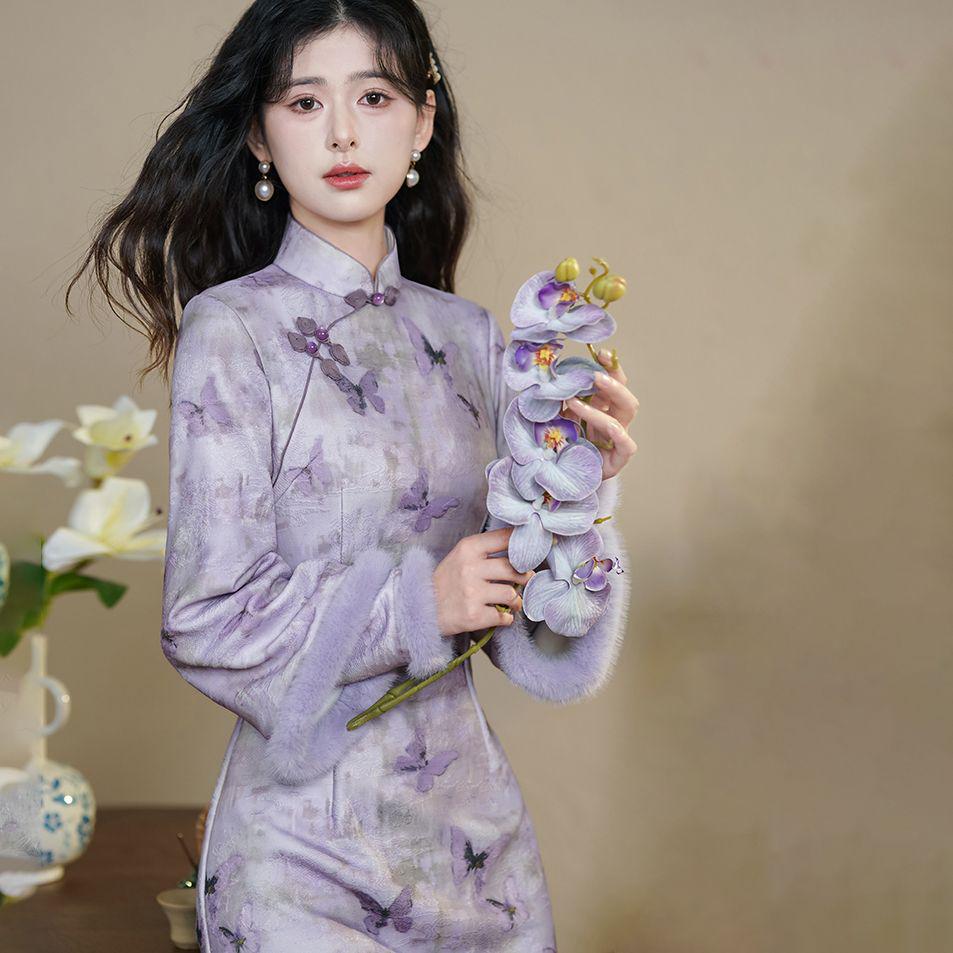 2024 Autumn/Winter Purple Stand-up Collar Qipao Dress with Fleece Lining and Mesh Print