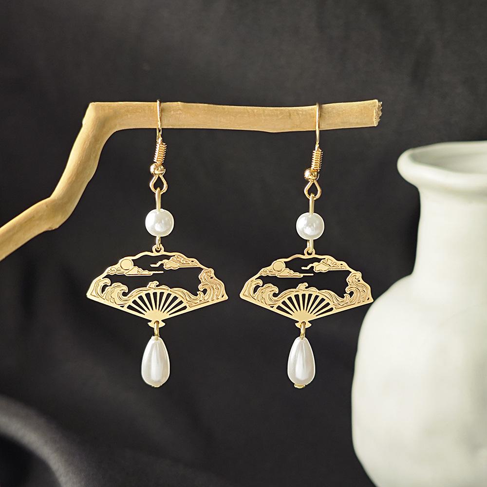 Retro Chinese Teardrop Pearl & Tassel Earrings with Auspicious Cloud Design