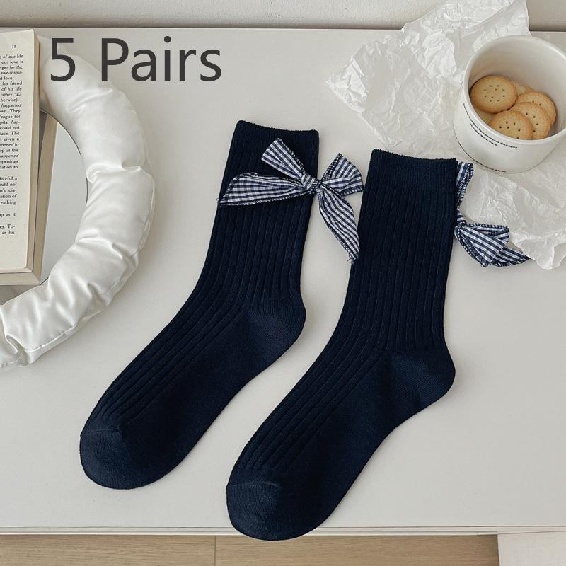 5 Pairs of Female Spring and Summer Preppy Bow In The Tube Pile Socks