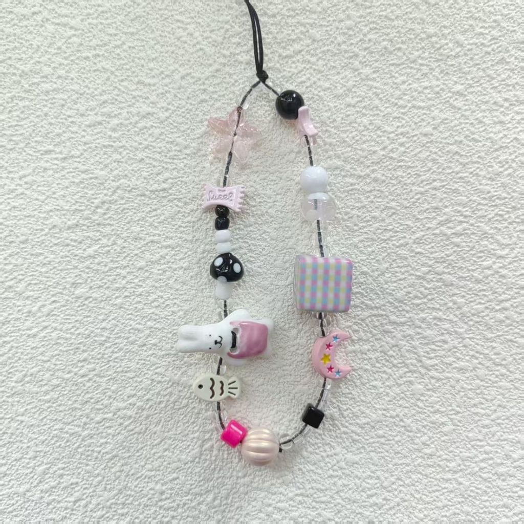Handmade Ceramic Pink Bunny Phone Lanyard With Beads For Women And Men