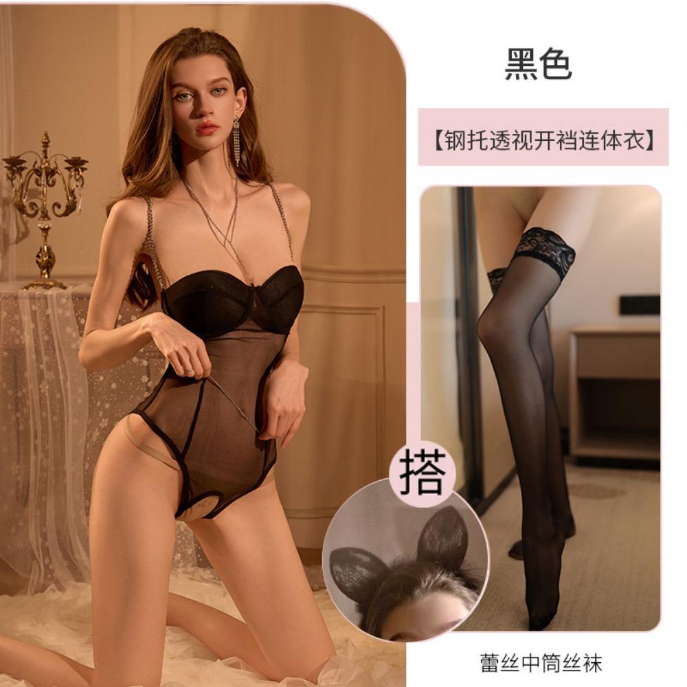 Large Size Erotic Underwear Sexy Temptation Chest Pad Gathering Pajamas Free Open Pants Female Temptation with Steel Rim Onesie