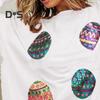 Women Tops Round Neck Long Sleeve Loose Fit Tee Shirt Sparkling Sequins Easter Eggs Decor Elastic T-shirt