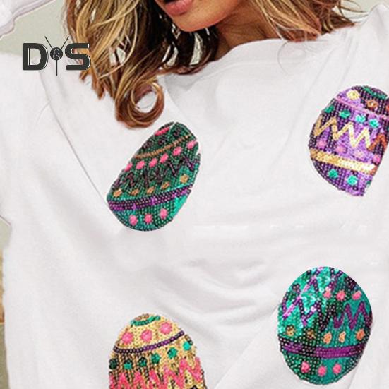 Women Tops Round Neck Long Sleeve Loose Fit Tee Shirt Sparkling Sequins Easter Eggs Decor Elastic T-shirt