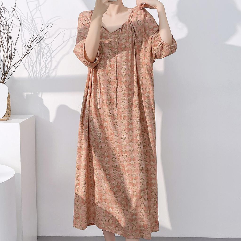1011 new cotton and silk nightdress women's summer short-sleeved pajamas cartoon pony element long loose cotton silk skirt can be worn outside