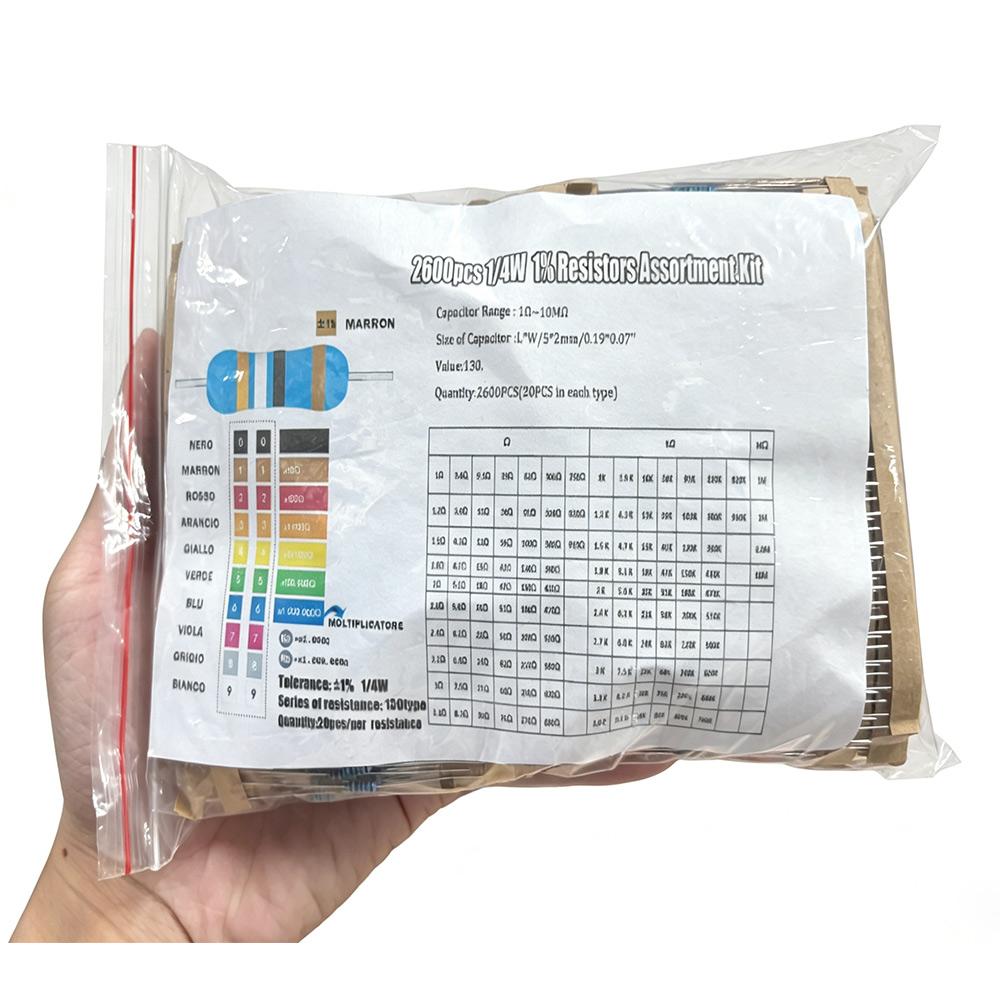 2600pcs Metal Film Resistors Assorted Pack 130 Values 1/4W 0.25W 1% Fixed Resistor Kit Set for Electronics DIY Projects