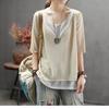 Vintage Knitted T Shirt Women Summer Color-blocking Fake Two-piece T-shirt V-neck Short Sleeve Casual All-match Cotton Linen Top