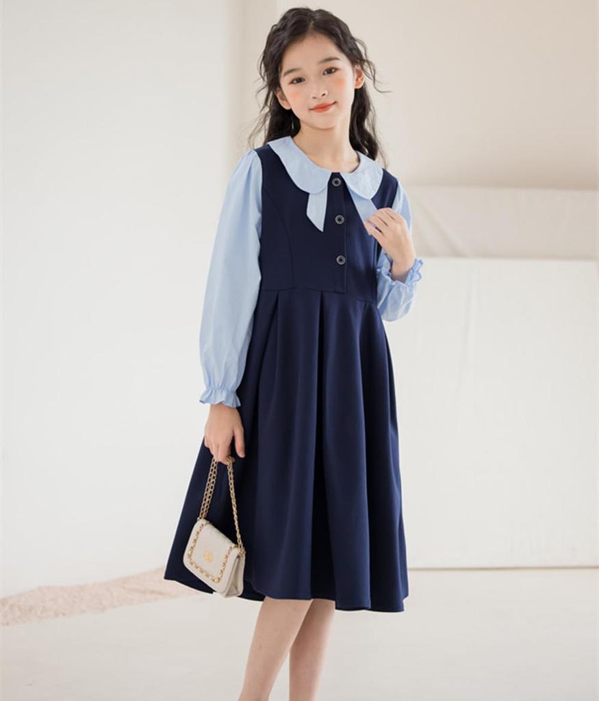DiiFoky Long Sleeve Dress with Layered Look and Round Perfect for School Entrance and Everyday Wear Size Kids' Collar, Recitals, Ceremonies, (Navy,