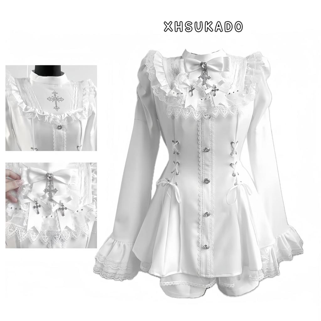 Cute Long Detachable Cross Ribbon Ruffled Flared Lolita Girly Student Outfit [XHSUKADO] Women's Lace-Up Dress, Sleeves, Brooch, Lace, Sleeves, A-Line,