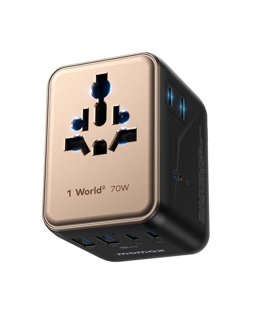 and MOMAX PD 70W GaN Fast Charging Power Converter for International Simultaneous Charging of 7 3 PD 2 QC 2 AC 2 AC International Outlets Worldwide