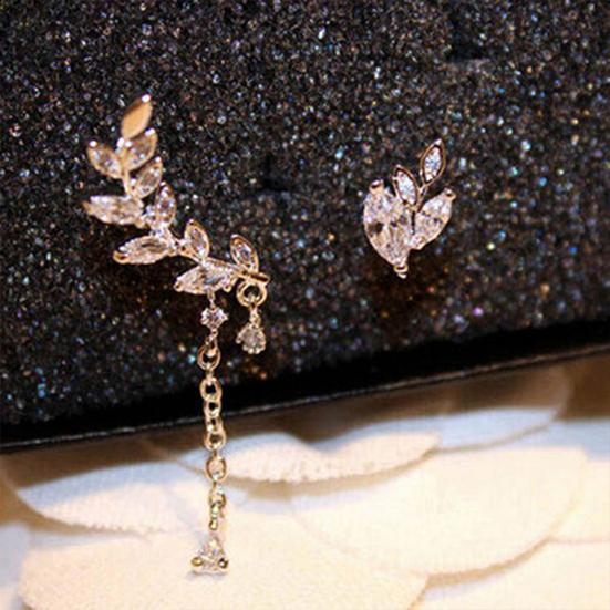 Ear Studs Asymmetric Anti-rust Women Leaf Rhinestone Tassel Earrings for Wedding