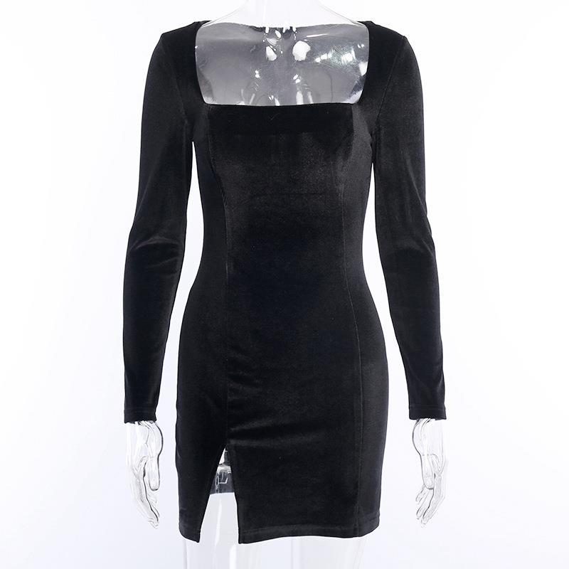 

Осеннее новое однотонное бархатное платье, сексуальная юбка с разрезом и круглым вырезом в стиле U-образного выреза L чёрный