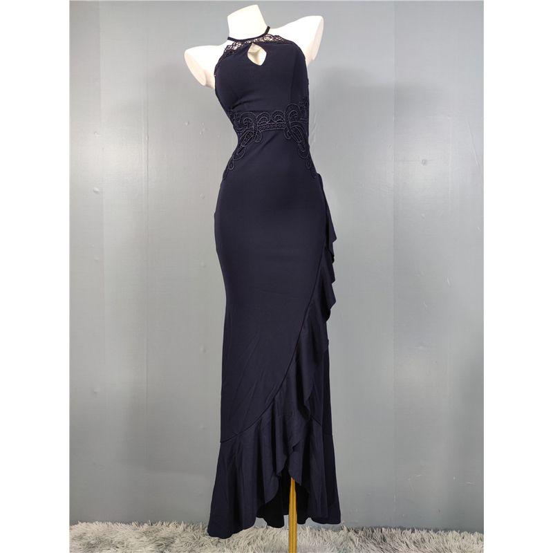 

Export Li s Exquisite Heavy Embroidery Hollow out See-through Sleeveless Waist-Tight Slimming Flounce Ladies Banquet Dress Navy blue M(10)