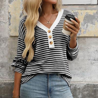 Tricouri casual cu dungi largi pentru femei Toamnă Vintage Tricou supradimensionat pentru femei Tricouri cu mânecă lungă Topuri la modă pentru femei