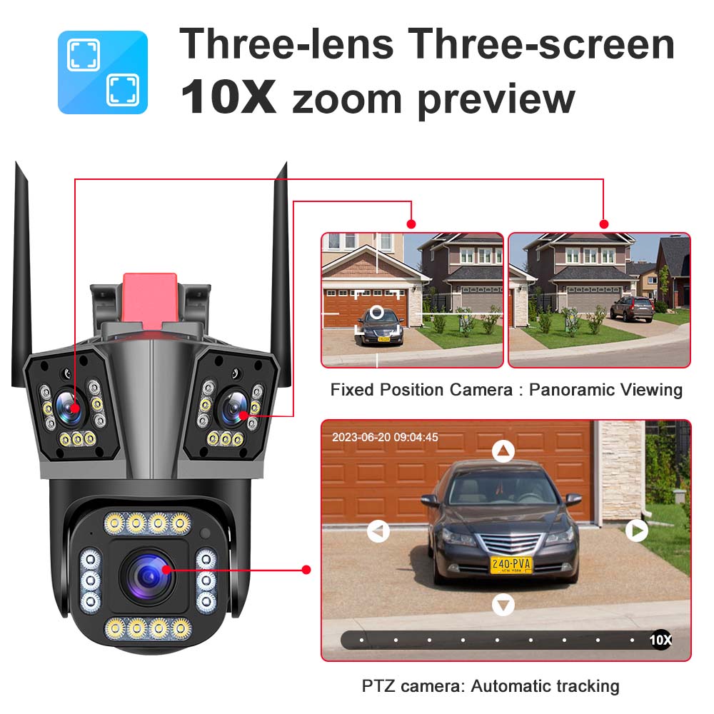 5K 12MP WiFi IP Outdoor 10X Zoom Three Lens Security Human Detection PTZ Video Surveillance Smart Home CCTV Camera