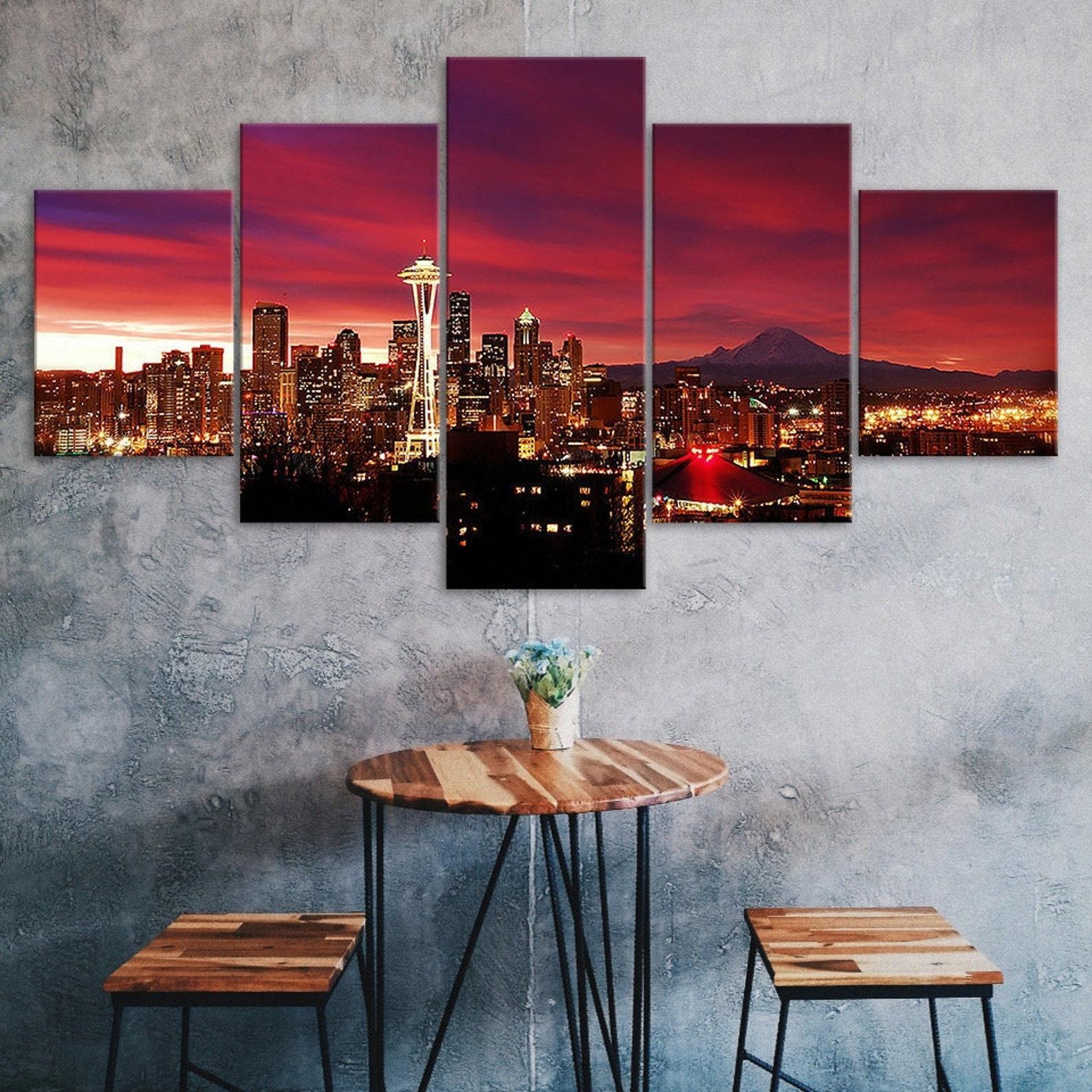

Seattle Red Sunset Night Sky Cityscape 5 Piece Five Panel Wall Canvas Print Modern Art Poster Picture Home Decor Gift For Him Her 20X35 20X45 20X55CM