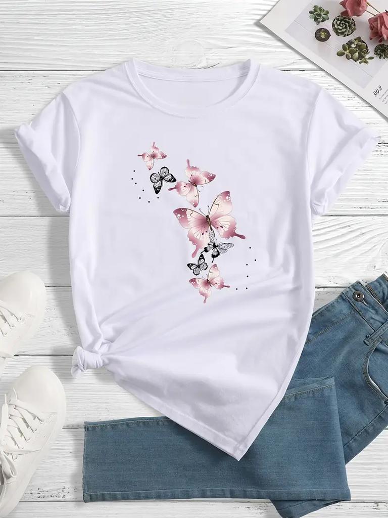 Woman O-neck Shirt Butterfly Print Short Sleeve Printed T Shirt  Clothing Women's T-Shirt Clothing Women's Top Tee
