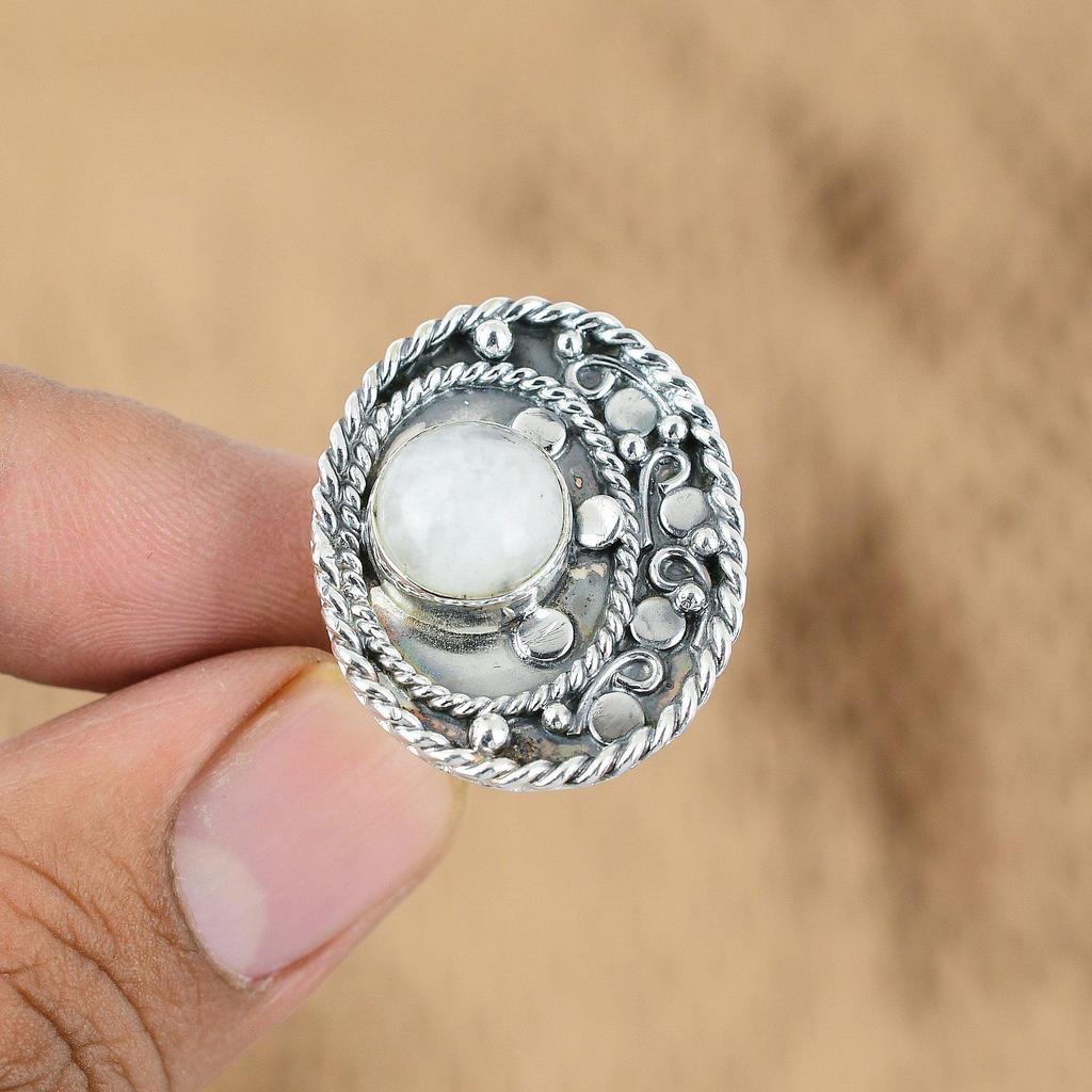 Natural Rainbow Moonstone Gemstone 925 Silver Promise Adjustable Ring For Women