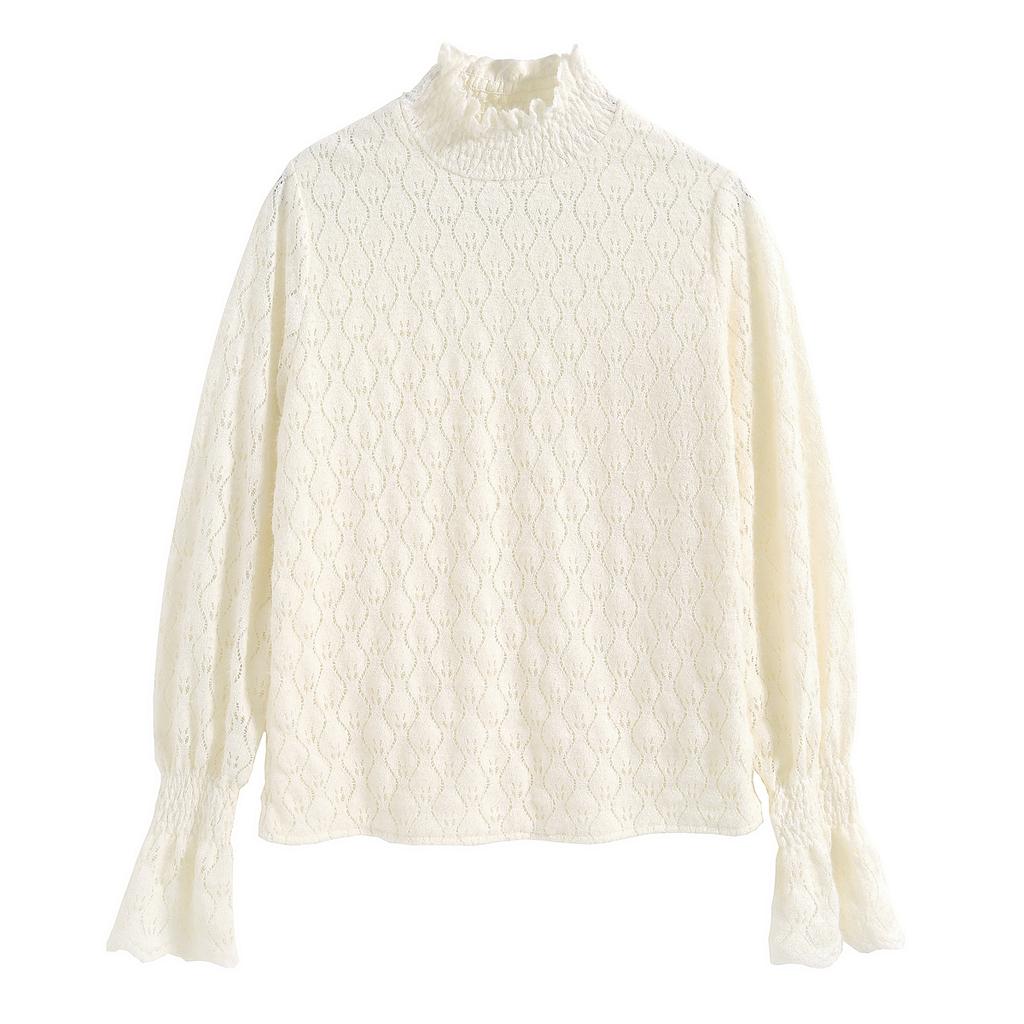 Autumn Winter Fashion New 2024 Long Sleeve Half High Collar Apricot Velvet Lace Blouse Shirt Women Tops Blouses Shirts J752